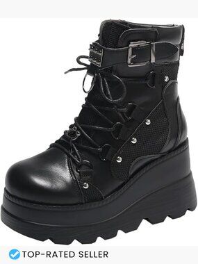 Black Platform Lace-Up Ankle Boots with Buckle